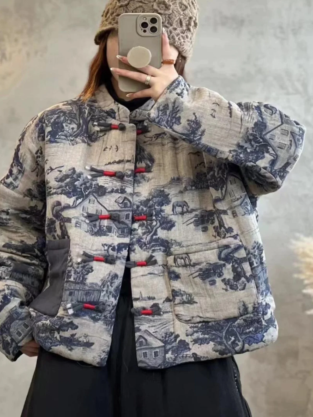 

Свободное хлопковое женское пальто Jaet Faion с принтом на пуговицах в стиле ретро, длинное зимнее пальто с воротником-стойкой и грушевым принтом