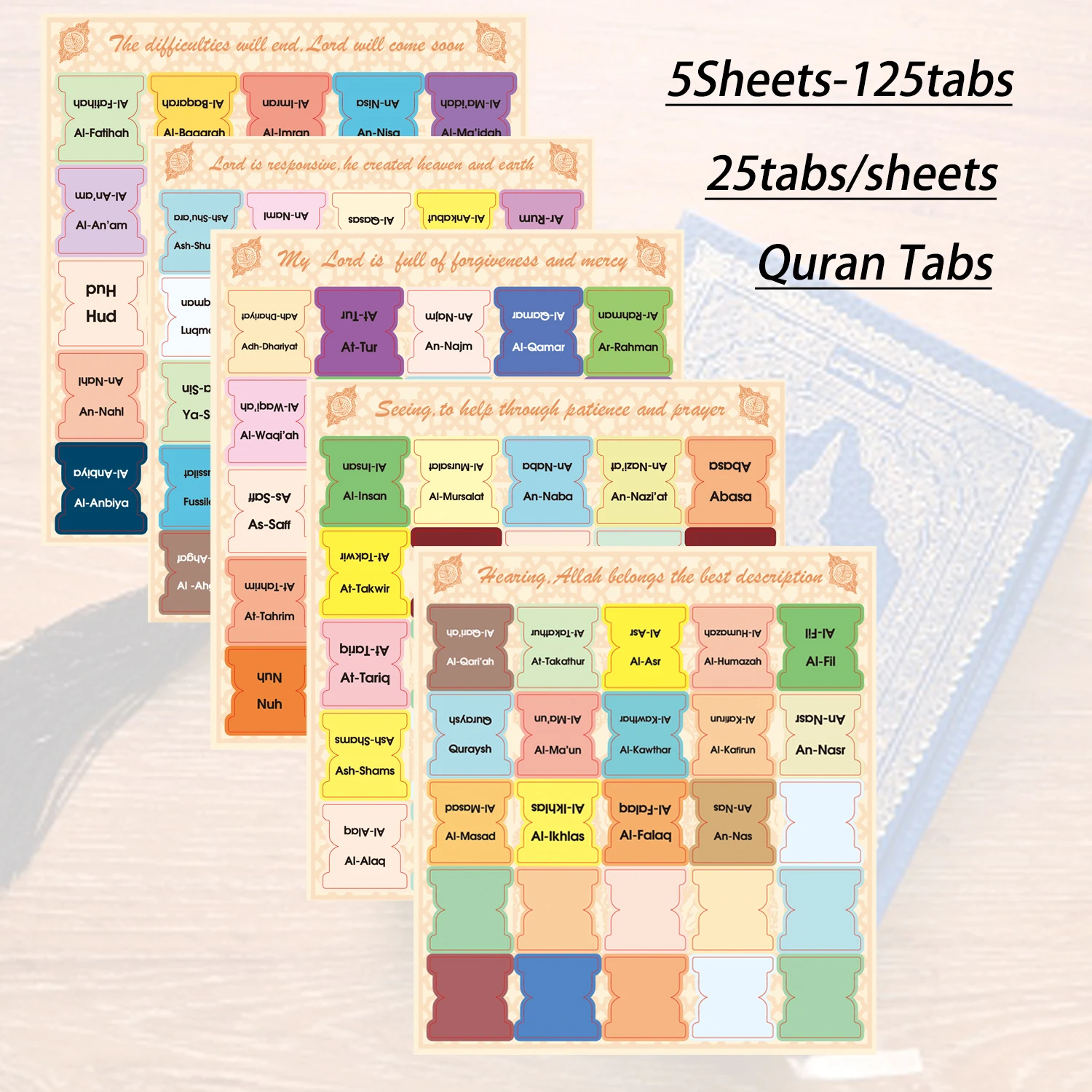125 Quran Chpter Tabs, Quran Surah Tabs, 114 Chapters &11Blank Tabs,Laminated, Quran Index Tabs Quran Book Tabs Quran Label Tabs image 6