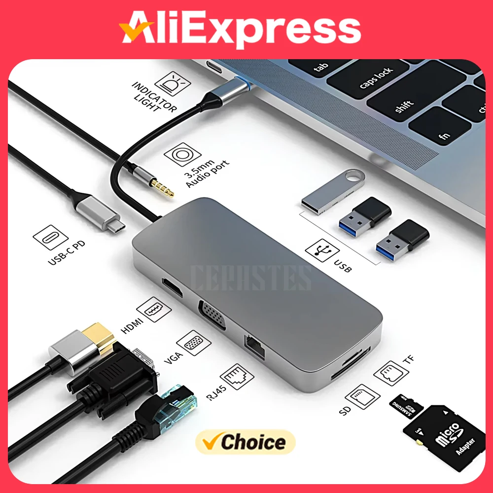 

CERASTES 12 в 1 USB C HUB Type C to Multi 4KHD RJ45 VGA 4 USB 3.0 PD Адаптер питания Док-станция для MacBooks Ноутбук Концентратор