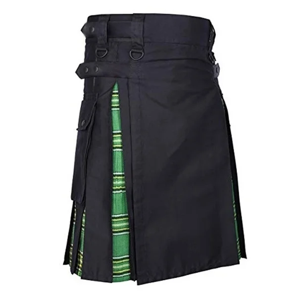 Plus Size Scottish Hybrid Cotton e Tartan Utility Kilts, couro Straps Kilts para homens, preto