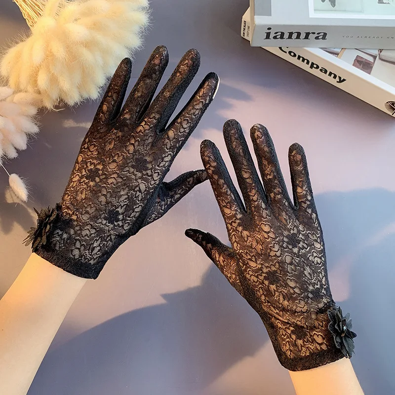 Floral Lace Full Finger Gloves For Women Sunscreen Mesh Short Gloves Summer Uv Protection Driving Cycling Touch Screen Gloves