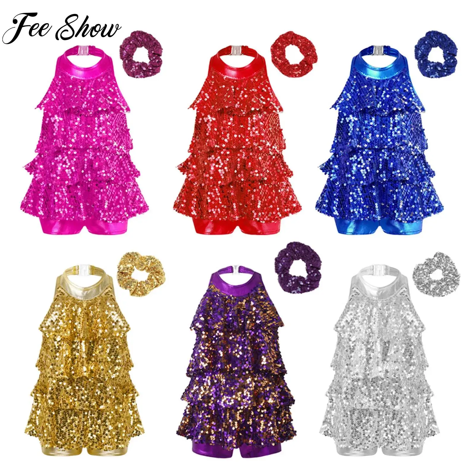 

Kids Halter Sequins Ballet Dance Shorty Unitard Dress with Hair Tie Girls Modern Jazz Latin Jazz Salsa Samba Rumba Dance Outfits
