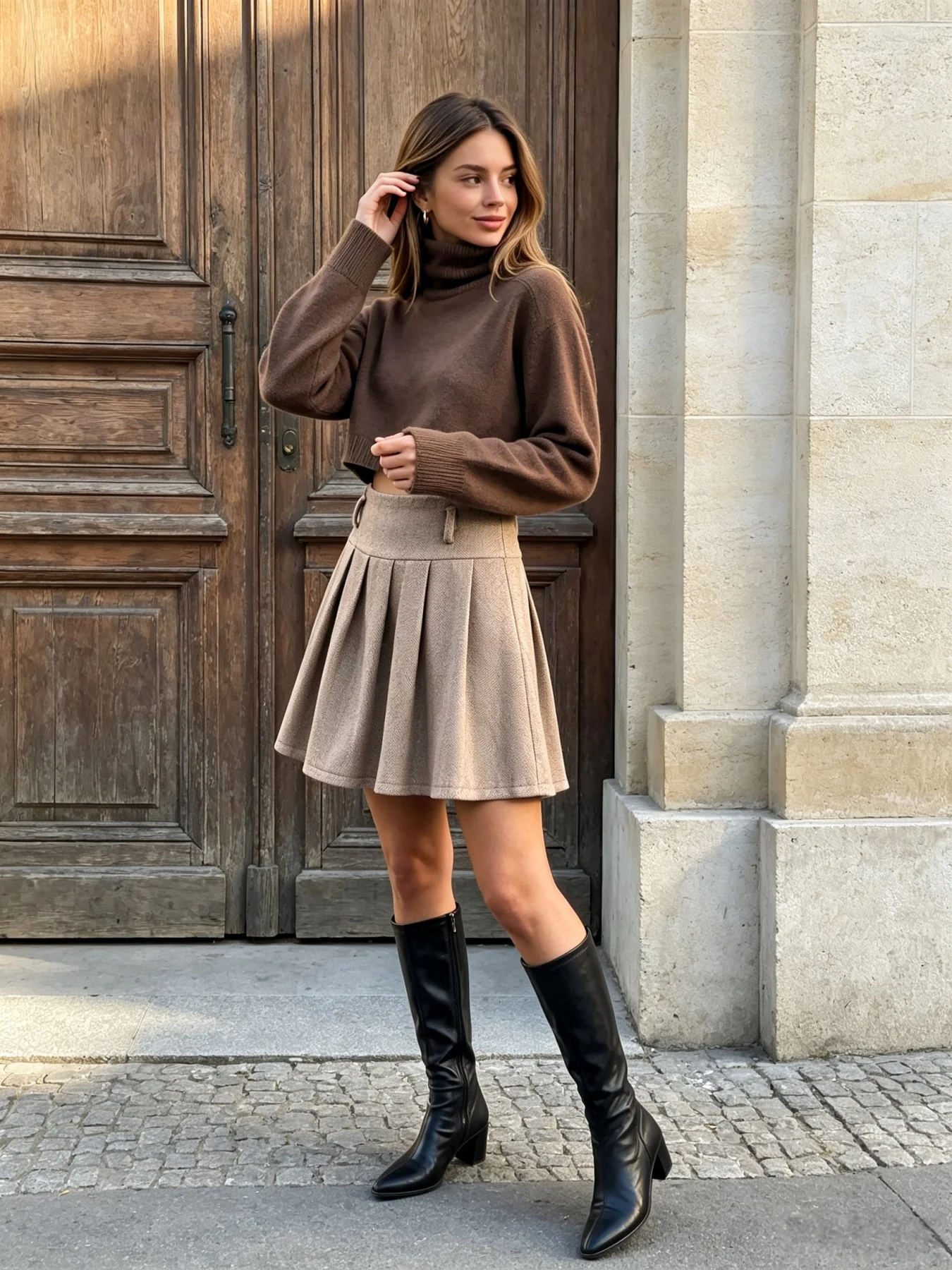 Damen Herbst-Winter Wollener Plissierter Minirock, Hochgeschnittener A-Linien-Kurzrock, Vintage Lässiger Ausgestellter Rock – Detail 5