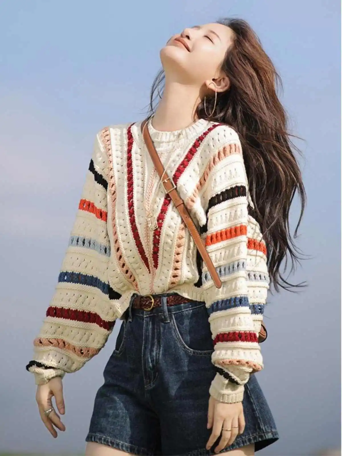 

Colorful Striped Sweater For Women 2025 Autumn Round Neck Crochet Hollow Out Pullover Knitted Sweater Lazy Style Casual Tops