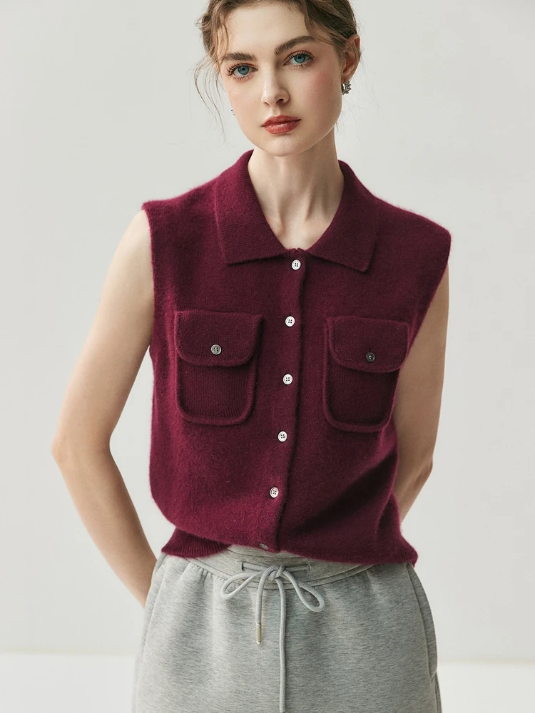 

TLOML Women's 100% Cashmere Sweater Waistcoat Thick Polo Collar Sleeveless Cardigan Pockets Waistcoat Autumn Winter Chic Clothes