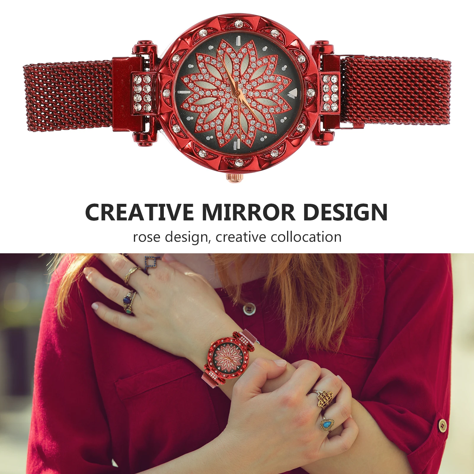 

Stainless Steel Red Casual Women Bling Quartz Diamond Watch Wristb Gifts for Female Long Lasting