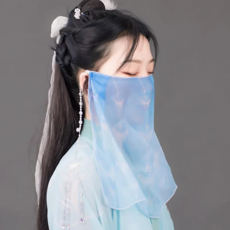 Elegant Semi Transparent Han Clothes Ancient Style Printed Veil, Bead Face Mask Blue Embellishment Veil Accessories Cosplay