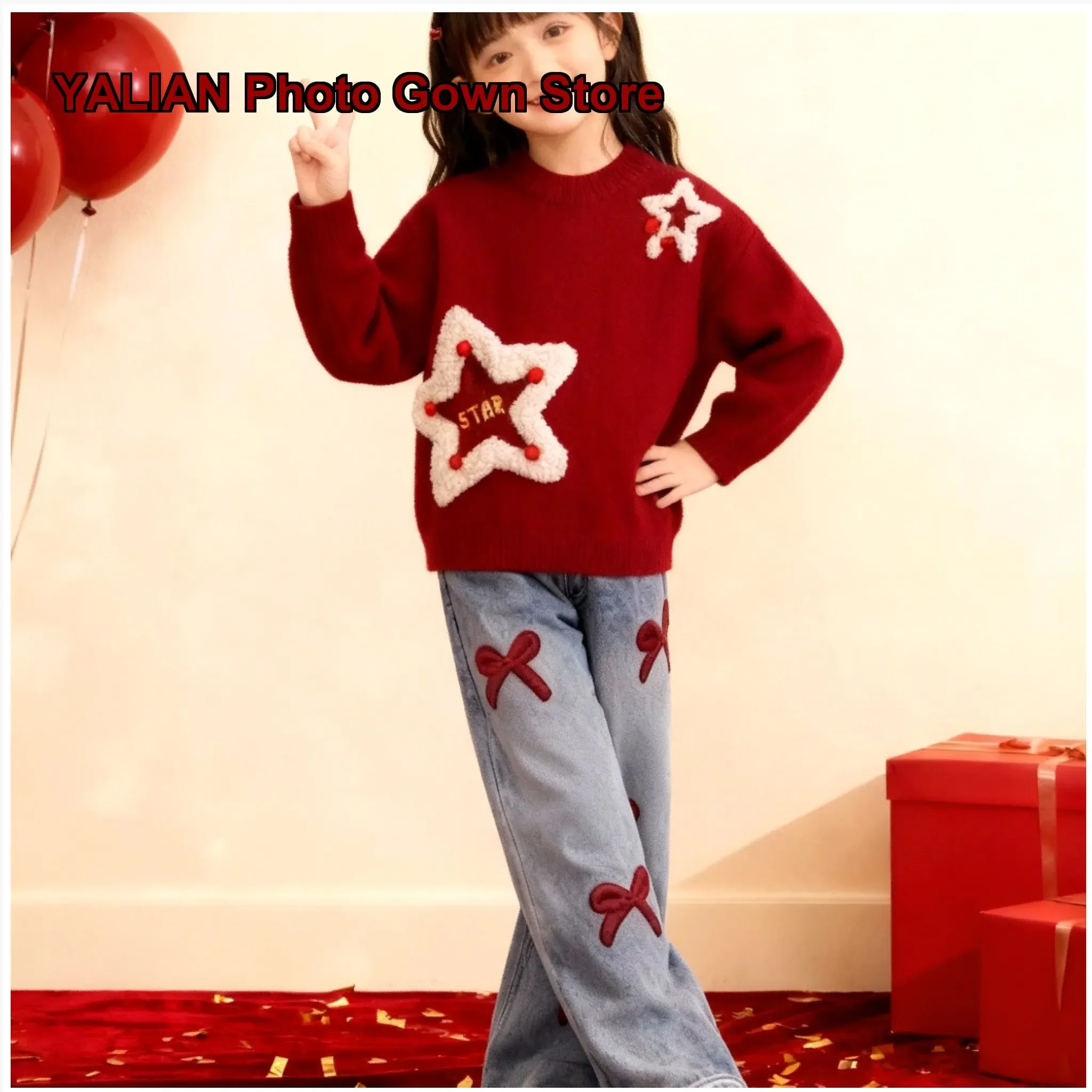 Girls Denim Pants Set Winter Stylish Zodiac Year Two-Piece Set New Year Festive Outfit New Year Greeting Clothes