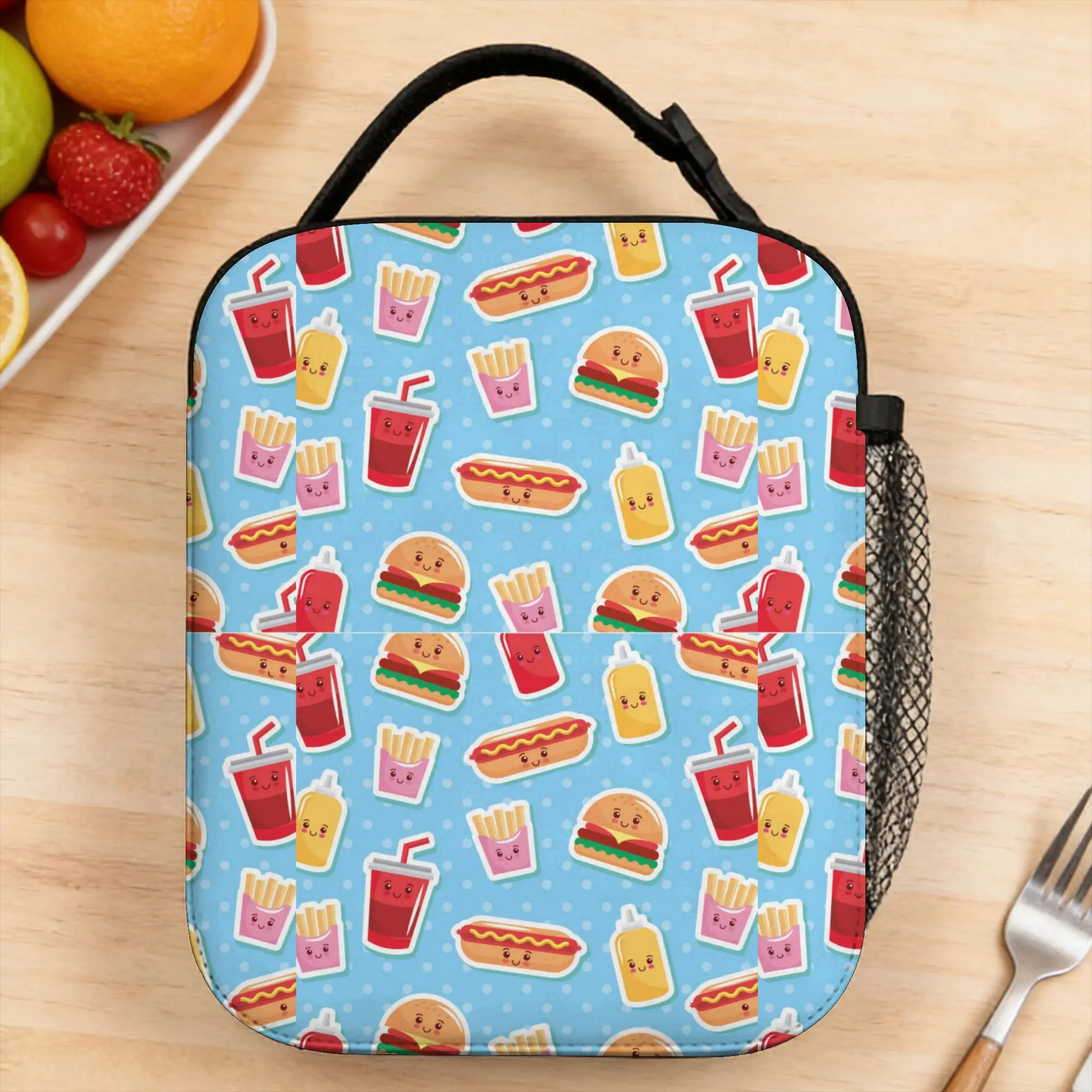 

cute kawaii fast food meal print Lunch Bag For Child Designer School Lunch Box Casual Portable Oxford Cooler Bag