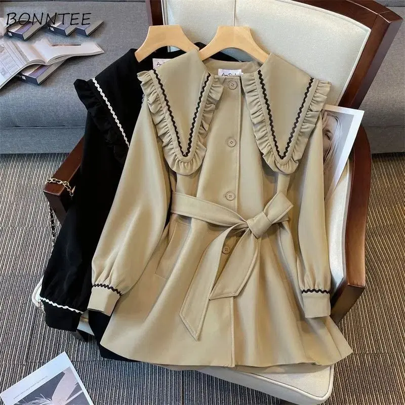 

Basic Jackets with Belt Women New Autumn Peter Pan Collar Lovely Schoolgirl Vintage Gentle Outerwear Fashion Chic Korean Style