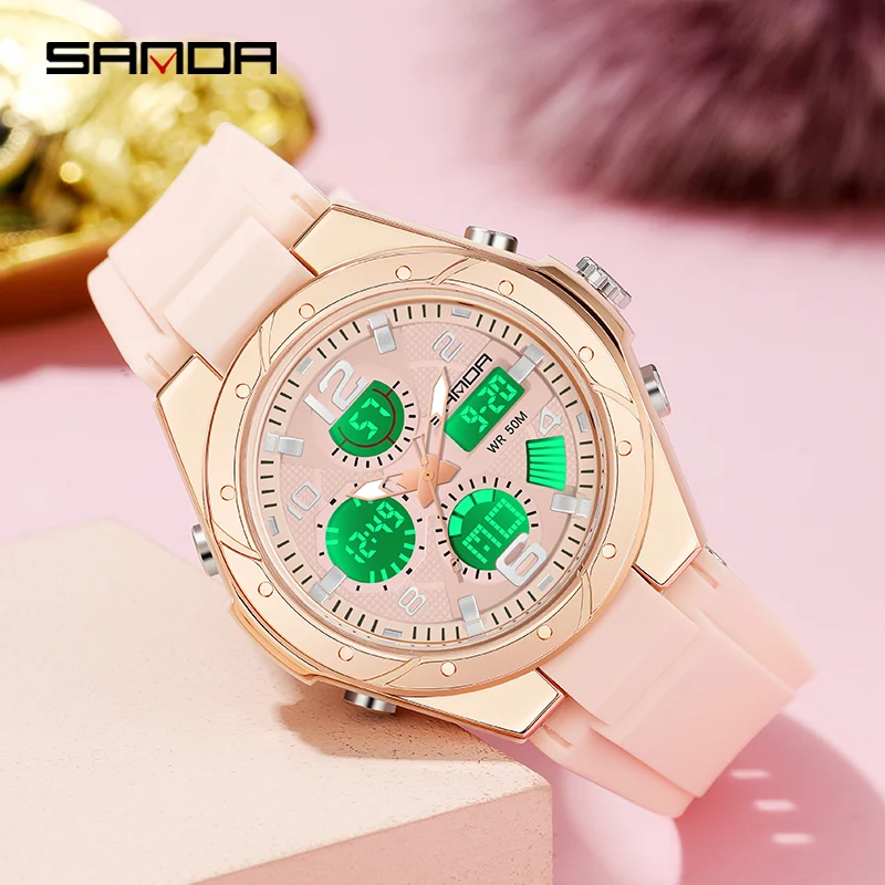 Sanda Luxe Ms Led Digitaal Sporthorloge Mode Casual Gouden Polshorloge Vrouwen Meisje Militair Waterdicht Quartz Horloges 6062