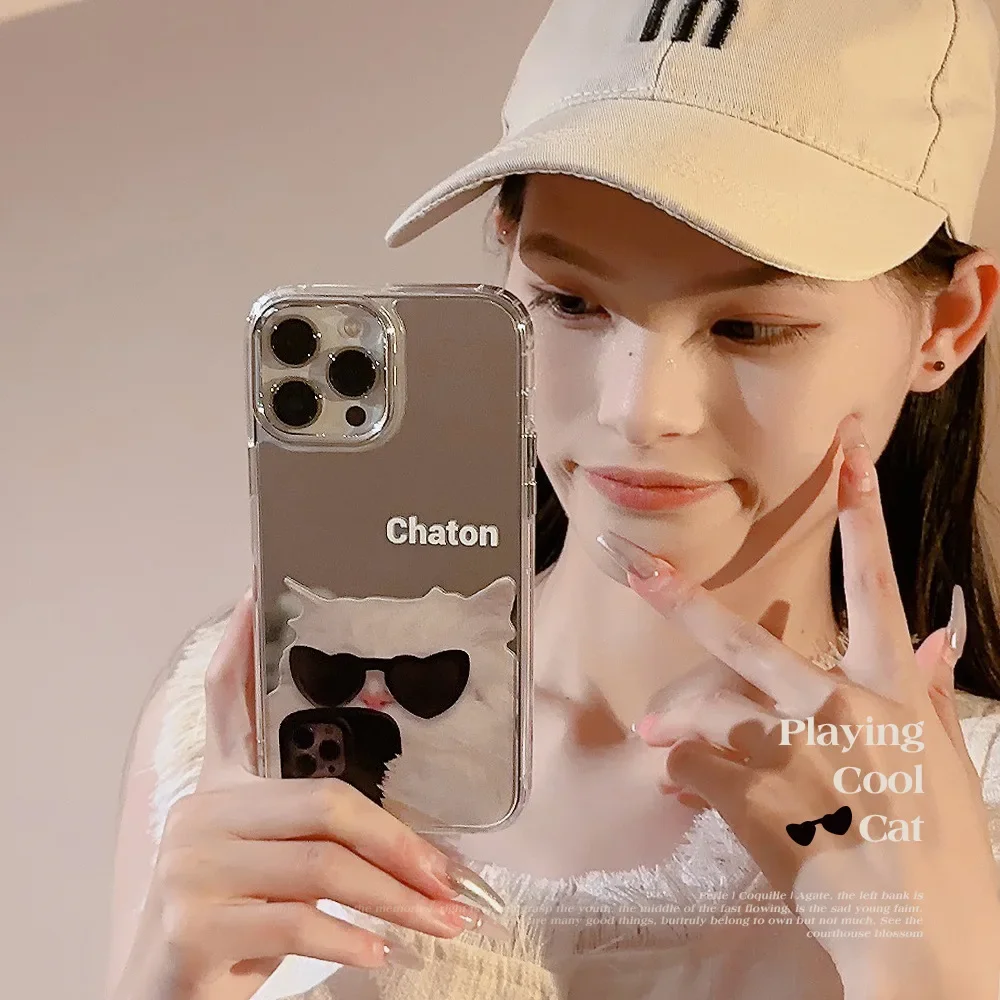 Cool Style Mirror Sunglasses Cat Phone Case for IPhone16 15 14 12 13 11 Pro ProMax Plus X XR Shockproof Phone Cover