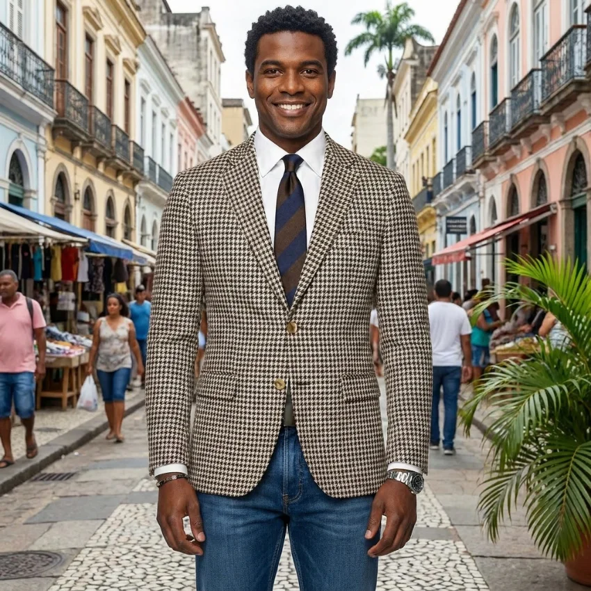 

1 Piece Blazer for Men 2 Side Slit Houndstooth Plaid Casual Style Man Suit Jacket Notched Lapel Male Fashion Suit XS-5XL
