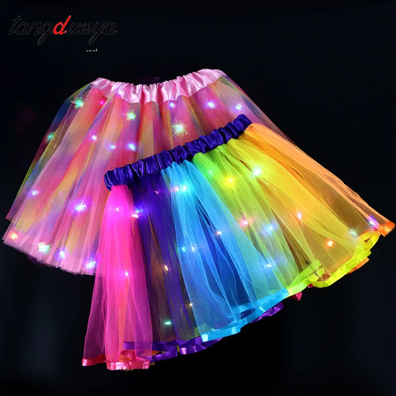 

Светодиодная светящаяся тюлевая юбка со звездами для девочек, короткая мини-юбка, детская нарядная одежда для балета, танцевальной одежды, праздничный костюм, бальное платье, мини-юбка