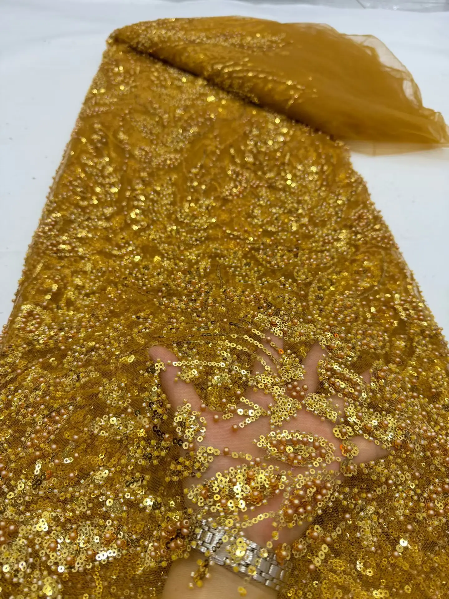 2026 Nigerian African French Guipure Tulle Lace Fabric Sequins Beaded Embroidery for Luxury Wedding Party Evening Dresses 5Yards image 3