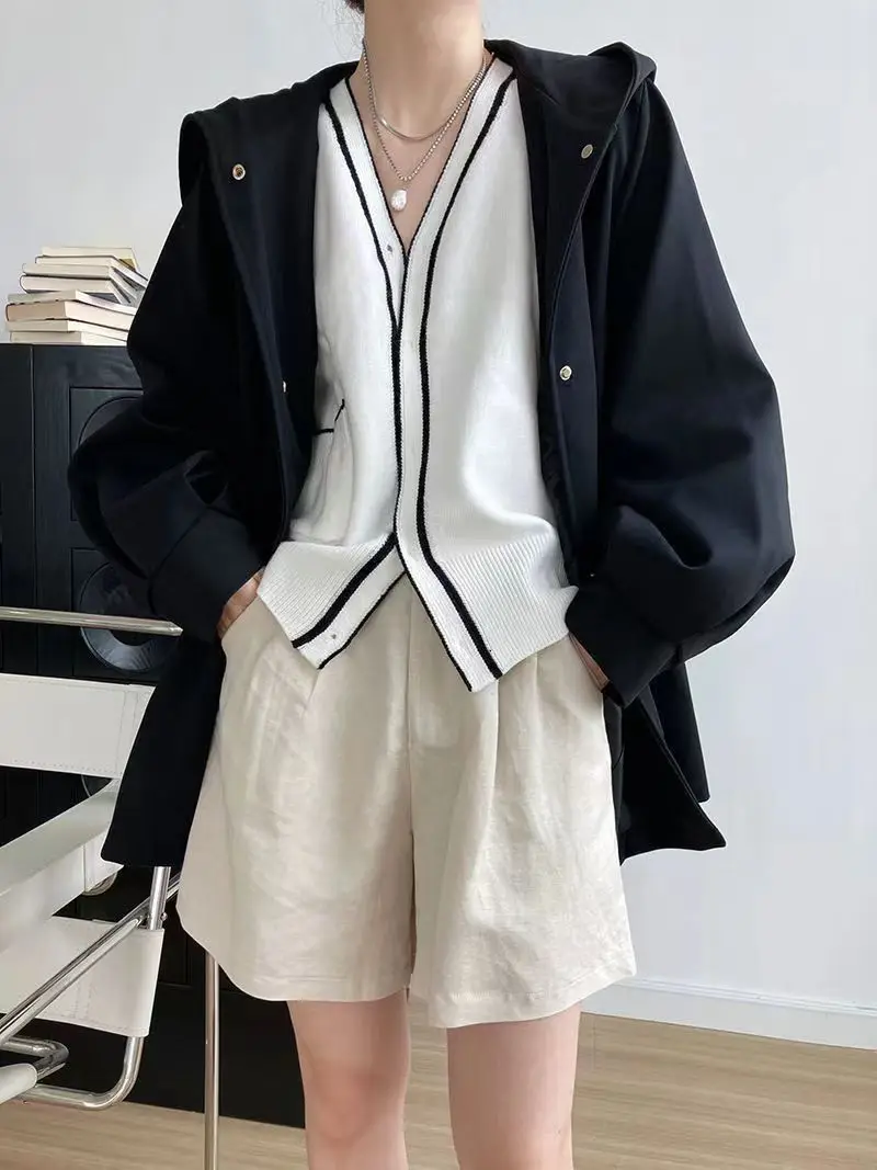

Black Trench Coat Woman Windbreaker Girls Button-Down Zippers Stretch High-Quality Moda Profile Stretchy Blended Manteauching