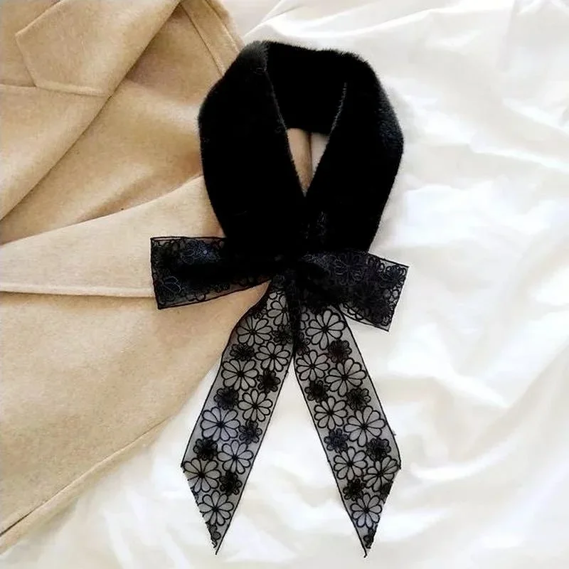 2024 Winter Korean Fur Collar Bow Scarf Woman Long Ribbon Warm Windproof Neck Fashion Lace Fake Collar