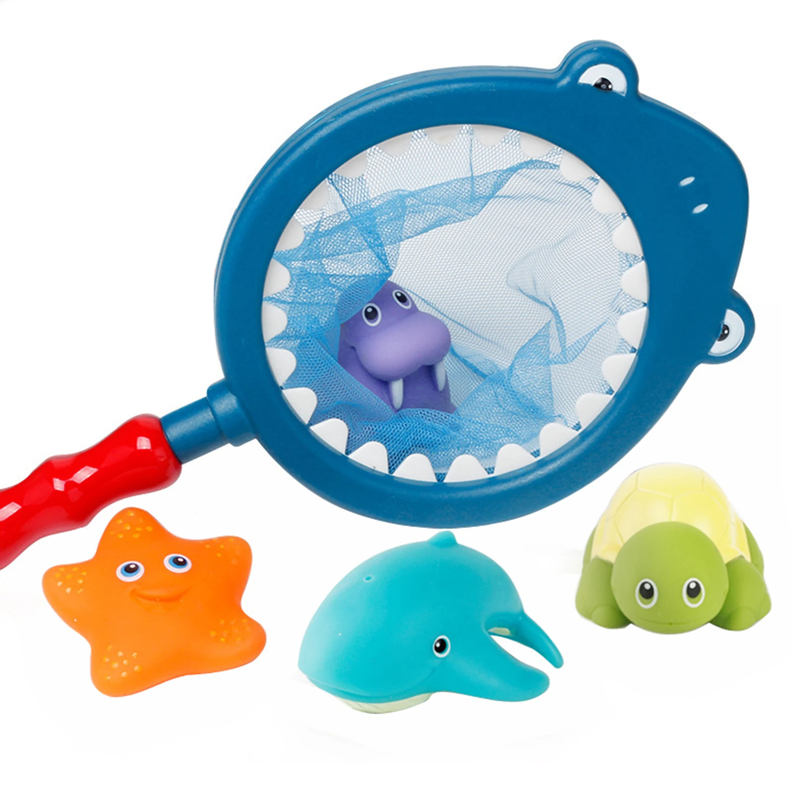 Set di giocattoli da bagnetto per bambini Giocattoli d'acqua per il nuoto degli animali dei cartoni animati Spremitura Gioco per vasca da bagno con galleggiante stridulo per bambini con rete da pesca