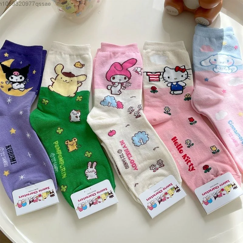 5Pairs Sanrio Kitty Kuromi Cinnamoroll Melody Home Socks for Women Students Medium Stockings Girl Cute Kawaii Cartoon Minuso