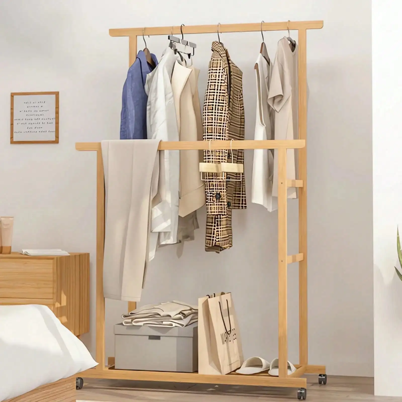

Bamboo Garment Rack With Wheels, Mobile Free-Standing Clothing Hanging Stand With Storage Shelves & Side Hooks, Space-Saving Coa