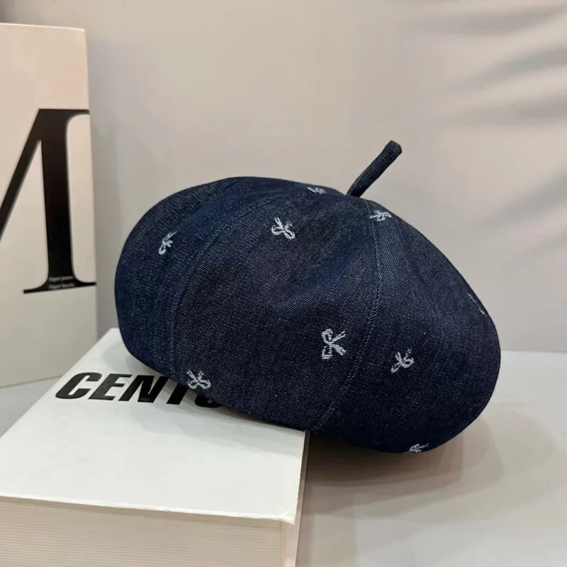 

Quality Bow Denim Beret Women's 2024 New Fashion Versatile Bud Painter Hat Big Head Circumference Hat Tide