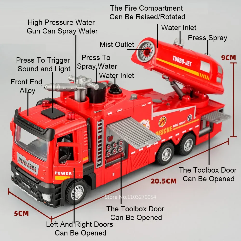 Modelo de motor de bomberos de aleación 1:32, juguetes, coche fundido a presión, función de pulverización de agua, puertas abiertas, sonido, luz, camión de bomberos extraíble, regalo para niños