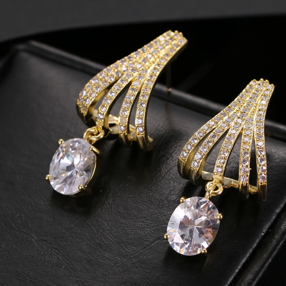 Fashion Gold Color Cubic Zircon Chandelier Drop Earrings for Women with Shining Zirconia Dangle Earrings Wedding Jewelry Gift