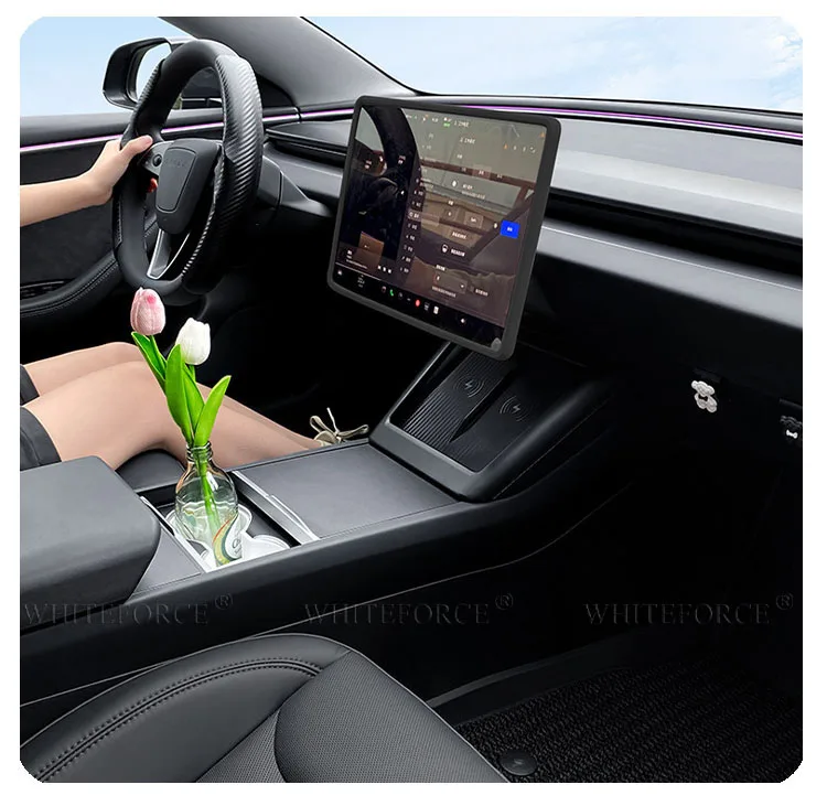 Für Mittelkonsole Kabellose Ladevorrichtung Trim Tesla Model 3 Highland & Model Y Juniper, Alcantara/ABS Material Innenraumschutz – Detail 10
