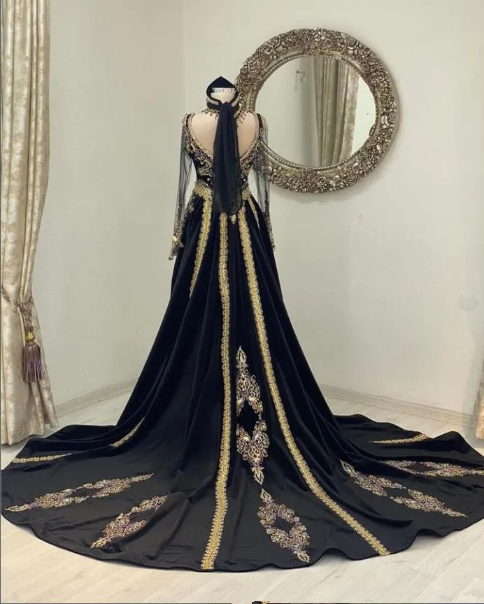 Black Illusion Long Sleeve Caftanmarocain Prom Dresses with Remove Train Lace Applique Crystal Mermaid Henna Evening Gown