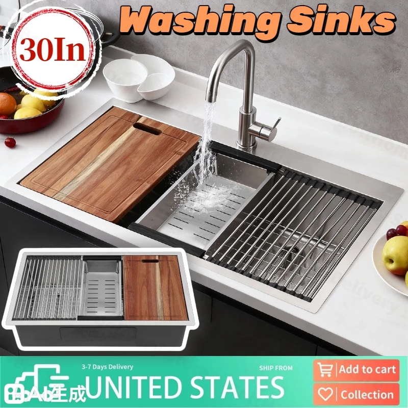 

30 Inch Undermount Kitchen Sink Workstation 16 Gauge Stainless Steel Under Counter Single Bowl Handmade Kitchen Sinks Basin