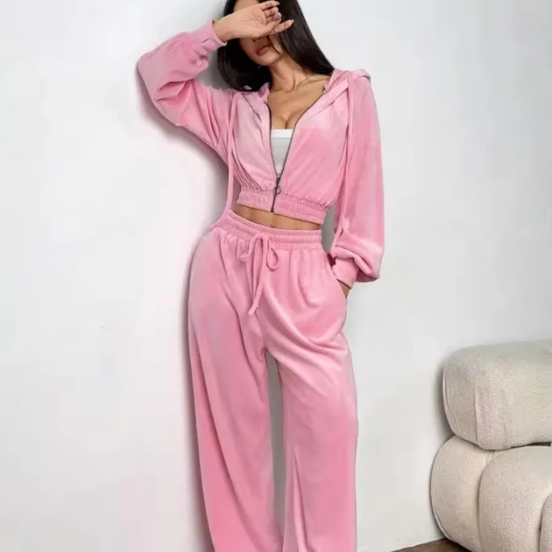 Women's Pink Velvet Two-Piece  Set Zip Cropped Hoodie + Wide Leg Pants Fashion Casual Waist Slimming Versatile Sports Track Suit