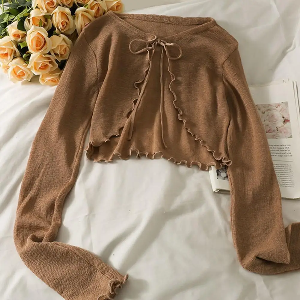 Тонкие дышащие футболки с длинным рукавом, женский кардиган с кружевным бантом, блузка, одежда с оборками, солнцезащитная верхняя одежда, блузка для чехлов