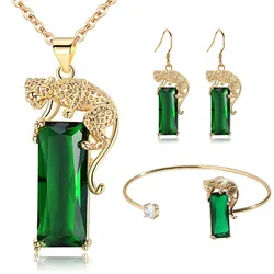 Elegant Leopard Pendant Necklace Set with Green Beryl and Vintage Crystal