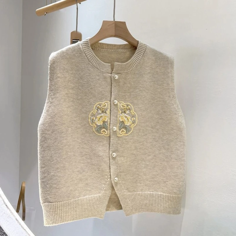 春と秋の新作カーディガン刺繍ラウンドネック新中国風ニットベストレディース2025ルーズトップス