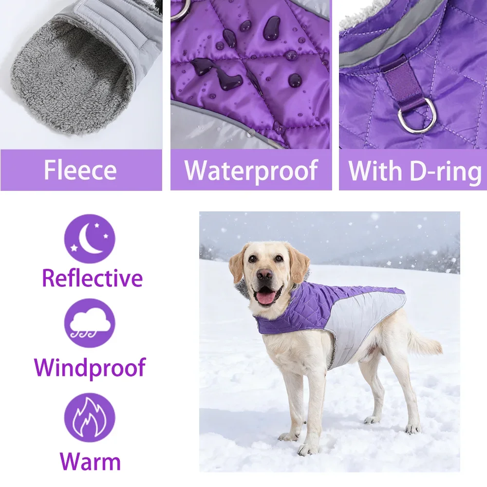 Reflektierende Haustierkleidung für kleine große Hunde, warm, verdickt, Fleece, Hundeweste, Mantel für den Winter, karierter Welpenparka mit D-Ring, Labrador – Detail 4