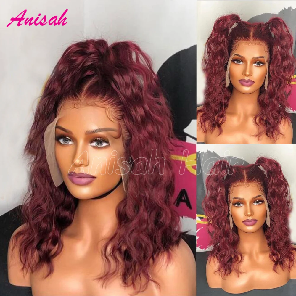 

99J Burgundy Red 13x4 Lace Front Human Hair Wigs Glueless Colored Water Wave Lace Frontal Wig Preplucked on sales clearance