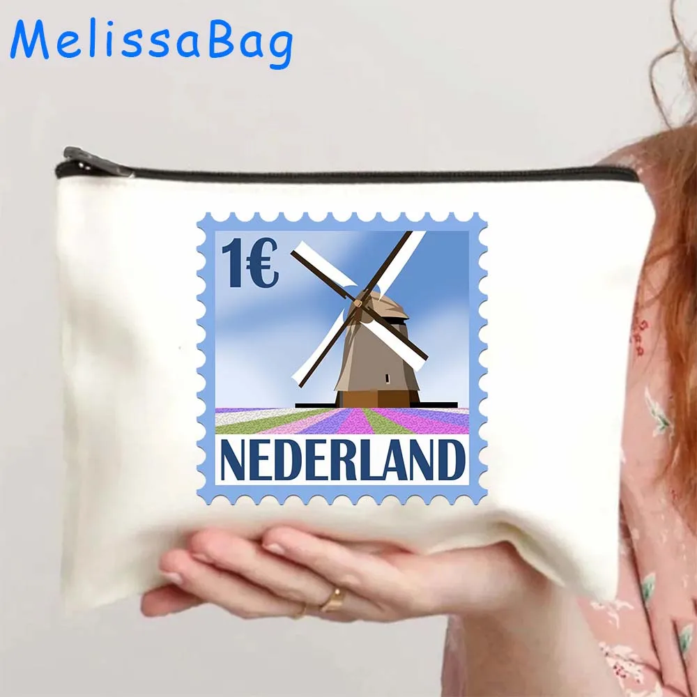 Amsterdam Canal Houses Skyline Landmark Netherlands Windmill Holland Gifts Canvas Cosmetic Makeup Bags Pencil Case Zipper Pouch