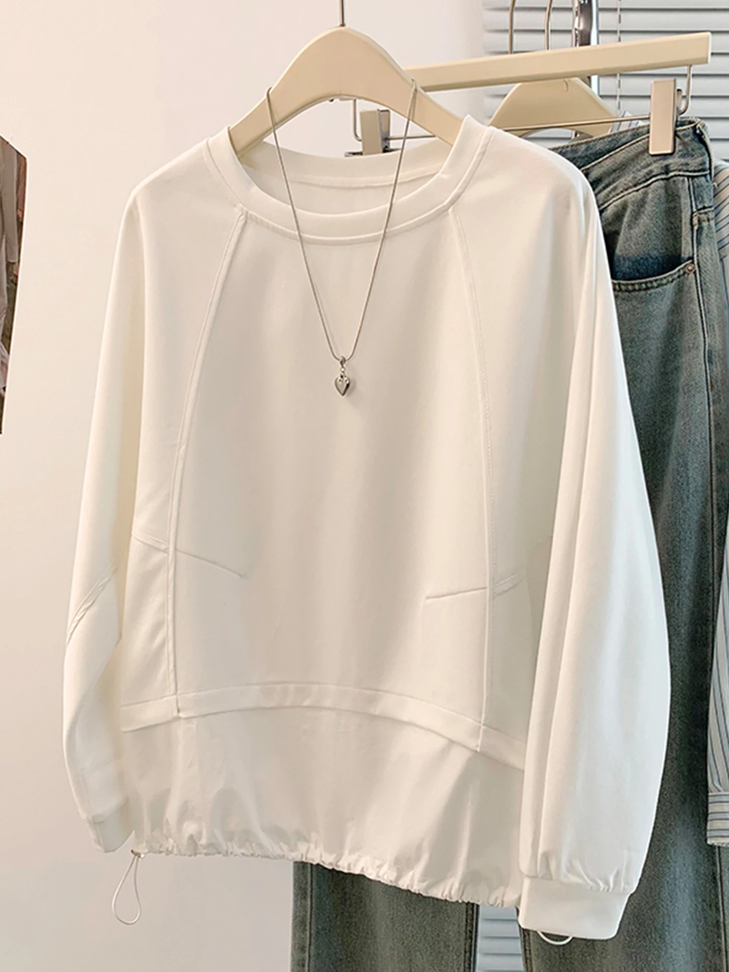 

Белая женская толстовка с длинным рукавом и завязками, осенне-зимняя, больших размеров, с эффектом стройности, повседневный базовый топ