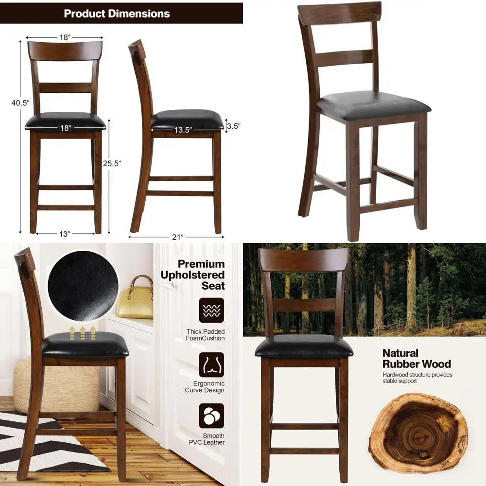 

Комплект из 4 обеденных стульев для барной стойки, 25,5-дюймовые деревянные барные стулья со спинкой, ножки из каучукового дерева, сиденья из черной искусственной кожи