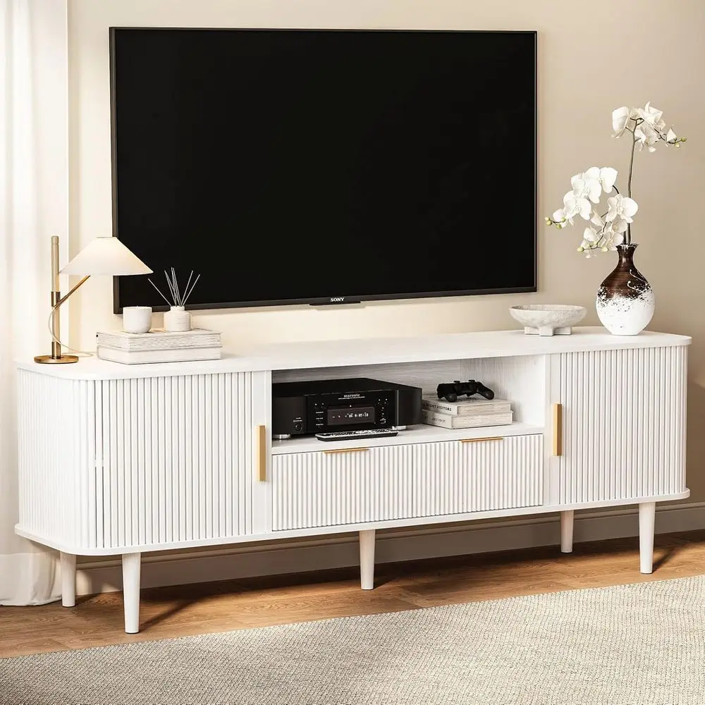 luted TV Stand, 62.4 Inch Century ern Media ole Table with Der Sliding Tambour Door armhouse Sideboard Buet Cabinet its TVs up t