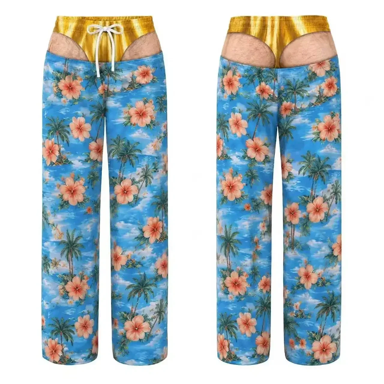 Men's Funny 3D Fake Hip Printed Pants, Hawaiian Palm Flower Parody Pants, Summer Drawstring Casual Pants, Beach Bachelor Party