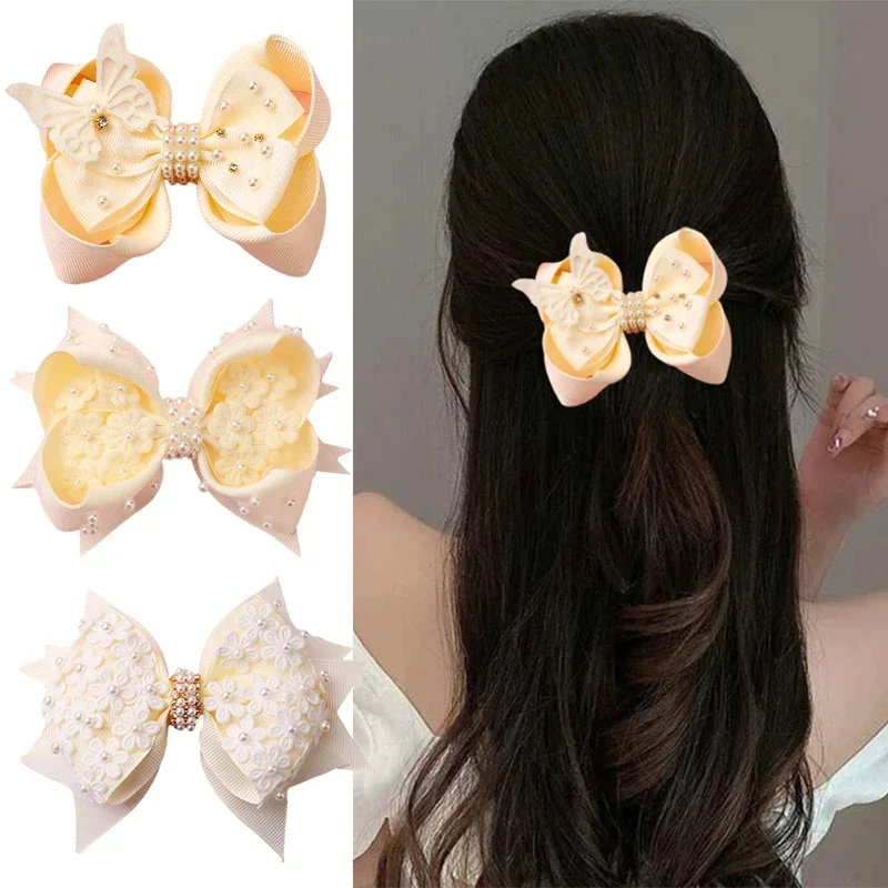 

ncmama New Lace Pearl Butterfly Hair Bow Clips Sweet Girls Bowknot Hairpins Flower Hairclip Boutique Headwear Hair Styling Tools