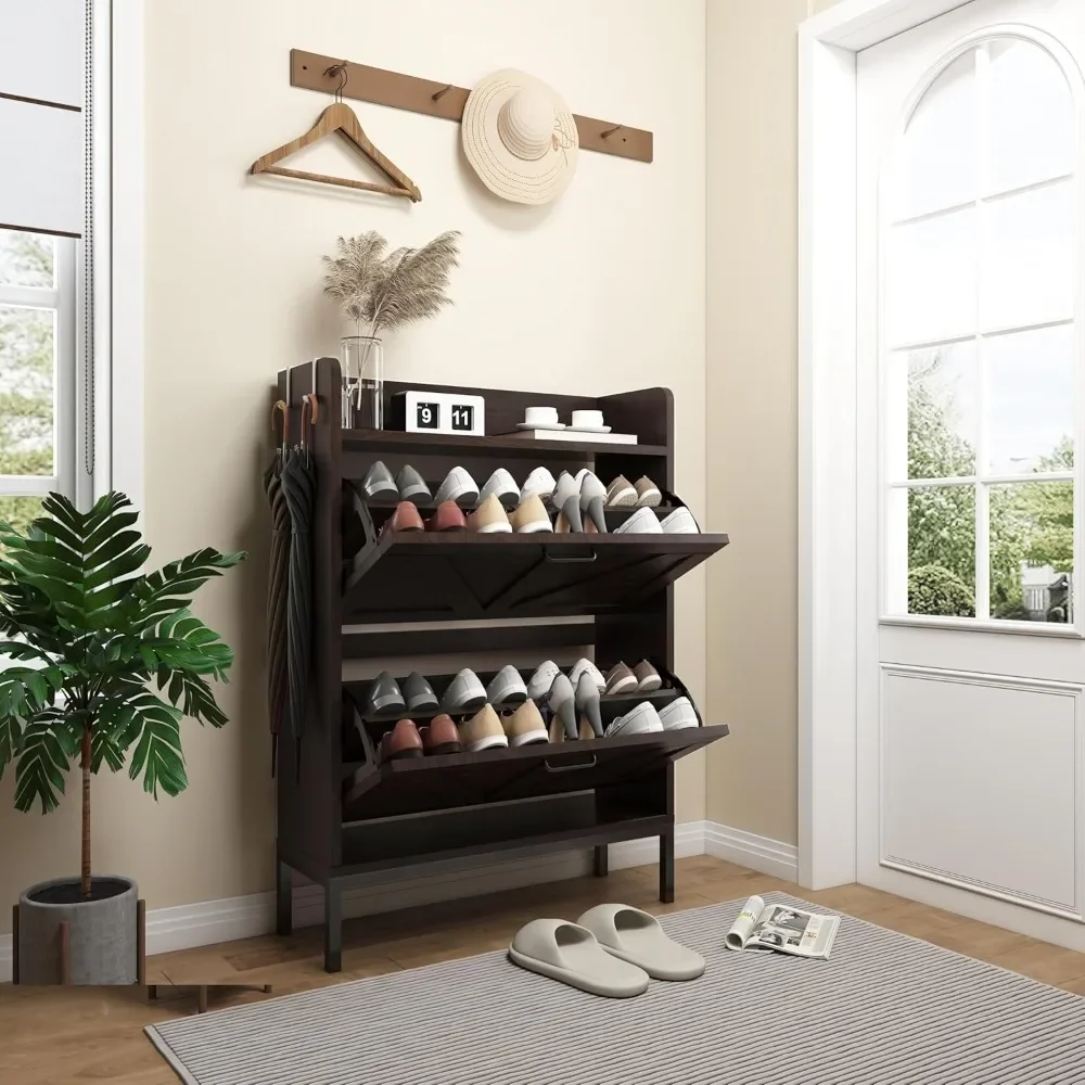 

Shoe Cabinet, 2 Flip Drawers & Top Fence, Suitable for Entryways, Free-Standing Storage Shelves with Metal Legs, Narrow Shoe