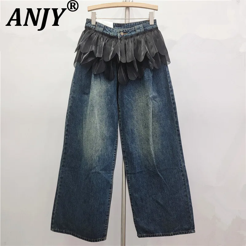 ANJY خريف شتاء جديد إمرأة موضة غير النظامية هيم وهمية قطعتين الجينز العصرية الشارع شيك تنوعا واسعة الساق الدنيم السراويل A16768