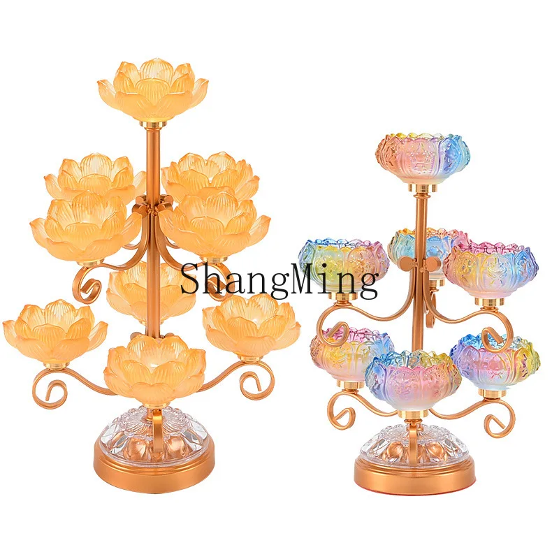 

PYH ghee lotus colorful glass seat candlestick for Buddha candlestick household seven-star rack for Buddha table ornament