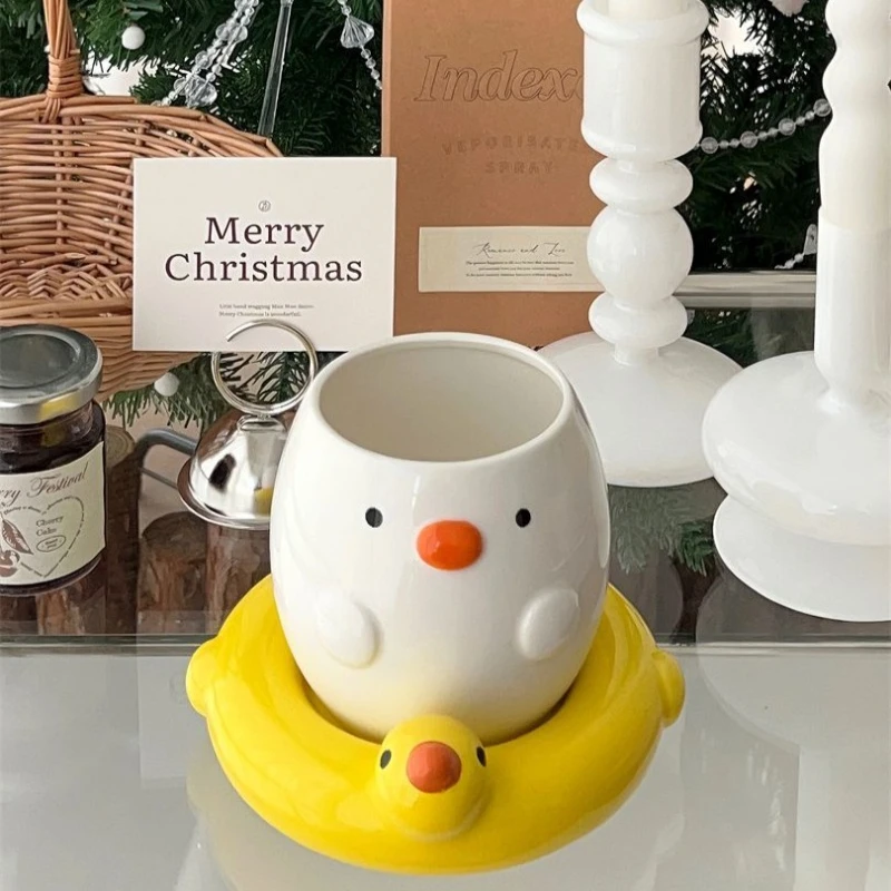 Creative Yellow Duck Ceramic Cup Plate Cute Duckling Swimming Circle Ceramic Coffee Cup Plate Cartoon Handheld Breakfast Gift