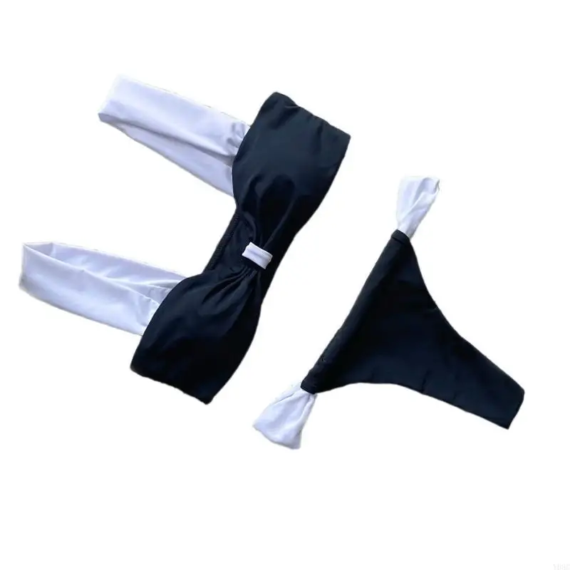 

Women Bandeau Swimwears with Wide Shoulder Band High Waist Bathing Suit Stylish Swimming Costume Padded Swimwears Y08C