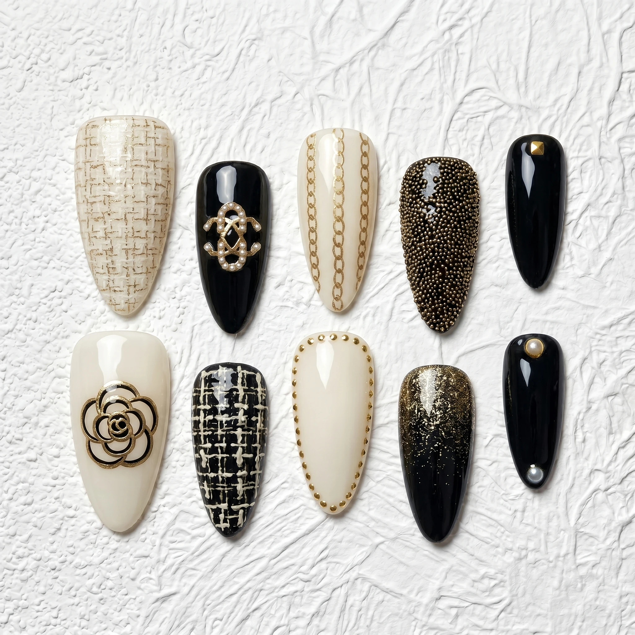 Artisan Handcrafted 10PCS Elegant Glam Stiletto Press-On Nails | Tweed CC Logo Pearls Chains Glitter Evening Wear Party Wear