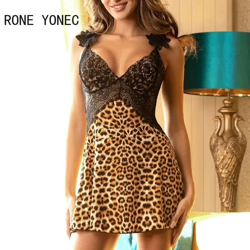 Women Sexy Leopard Pattern Spaghetti Strap Lace Patchwork Sleeping Backless Mini Sexy Dresses