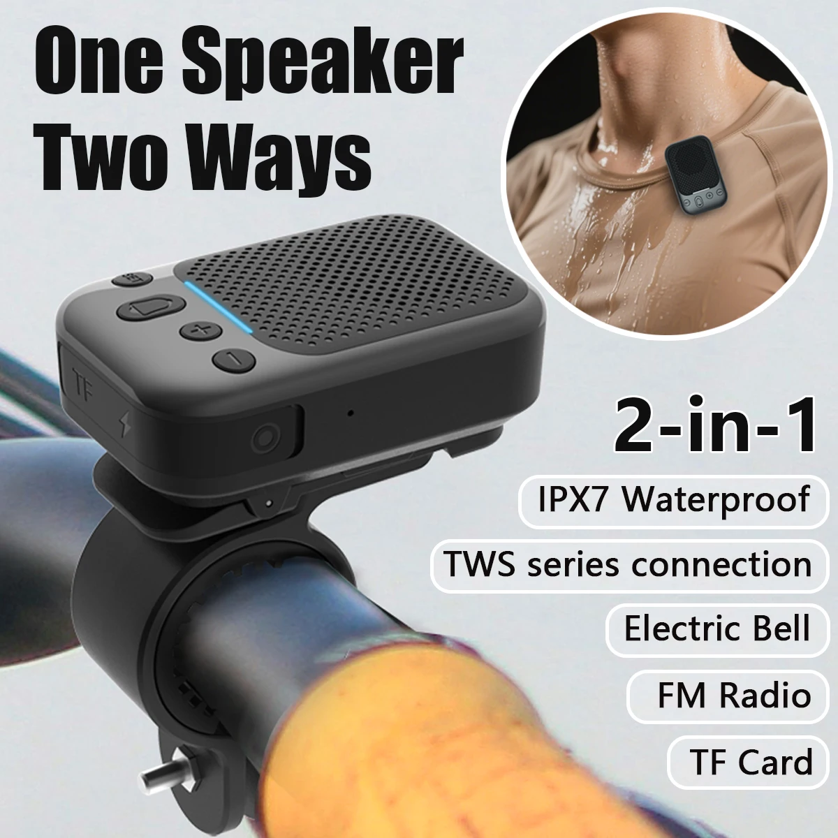 مكبر صوت بخاصية البلوتوث محمول Y10 طوق ركوب الدراجات كليب المتكلم 2 في 1 جرس كهربائي IPX7 مقاوم للماء سلسلة TWS مضخم صوت يدعم FM